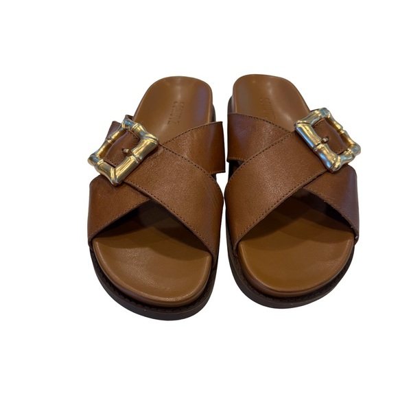SCHUTZ Enola Crisscross Buckle CAMEL Leather Sandals Slides Women's 7 NEW! - Picture 1 of 10